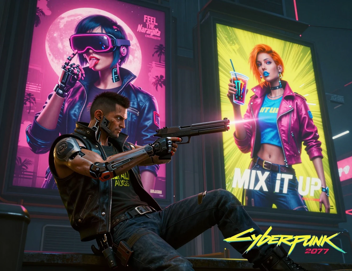 Uomo aumentato che mira con una pistola in una strada al neon di città cyberpunk