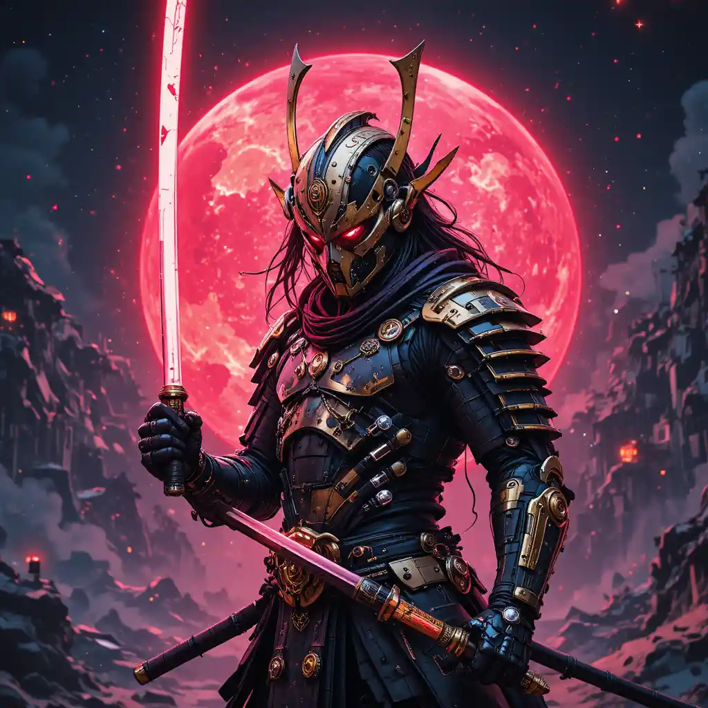 Cybernetic samurai warrior in black and gold armor