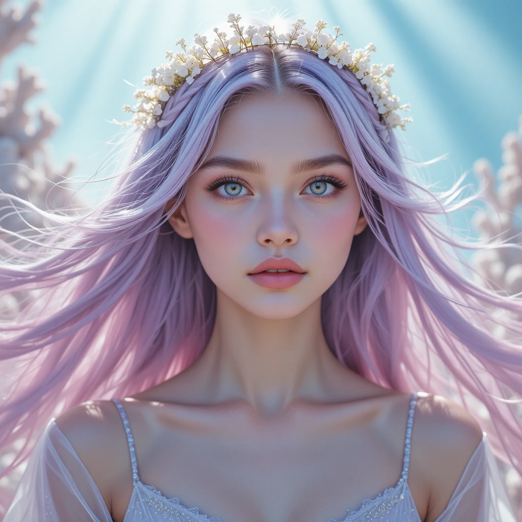Dreamy fantasy girl with flowing pastel lavender hair