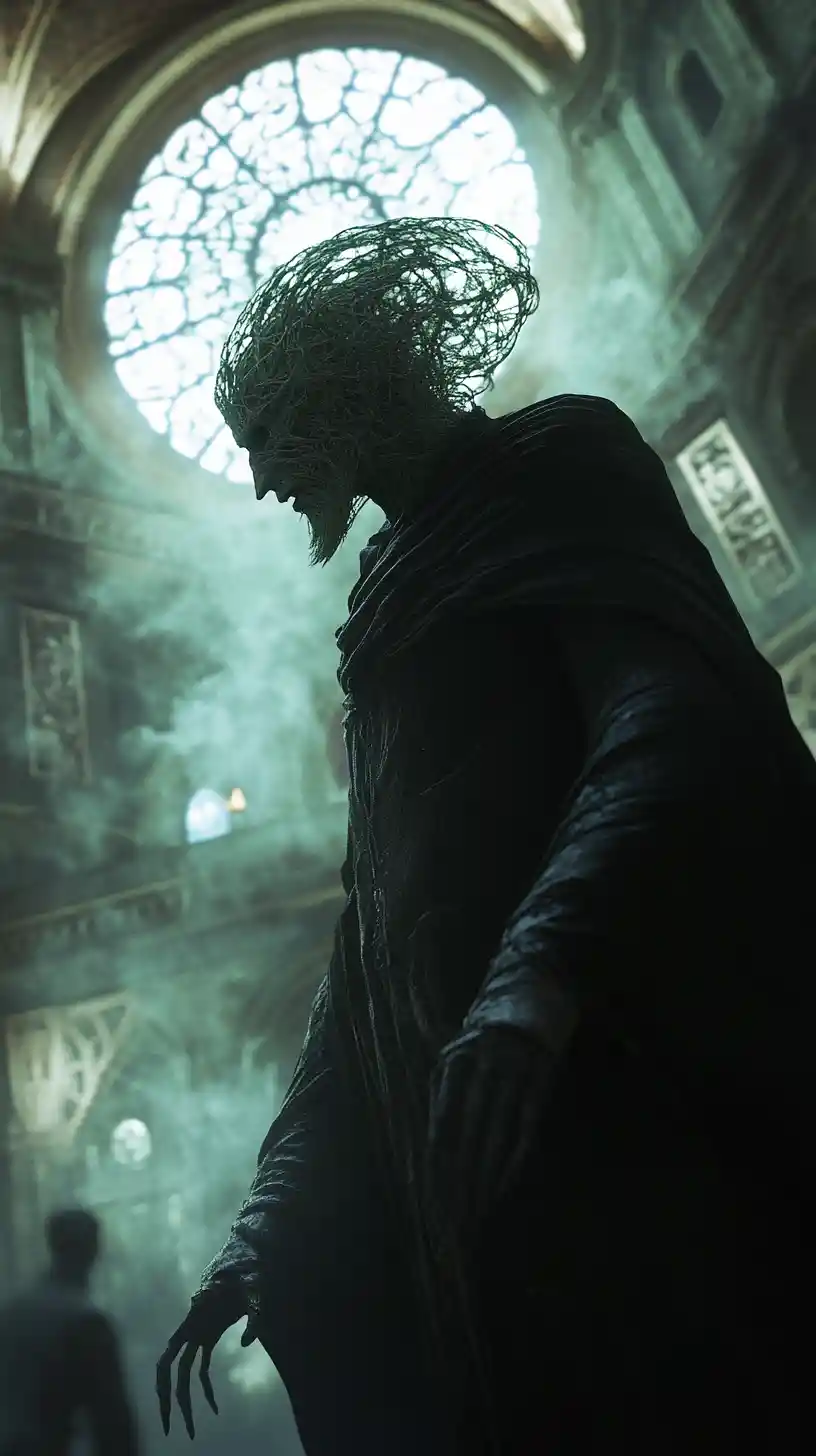 Ominous gothic priest emerging from a moonlit antique church