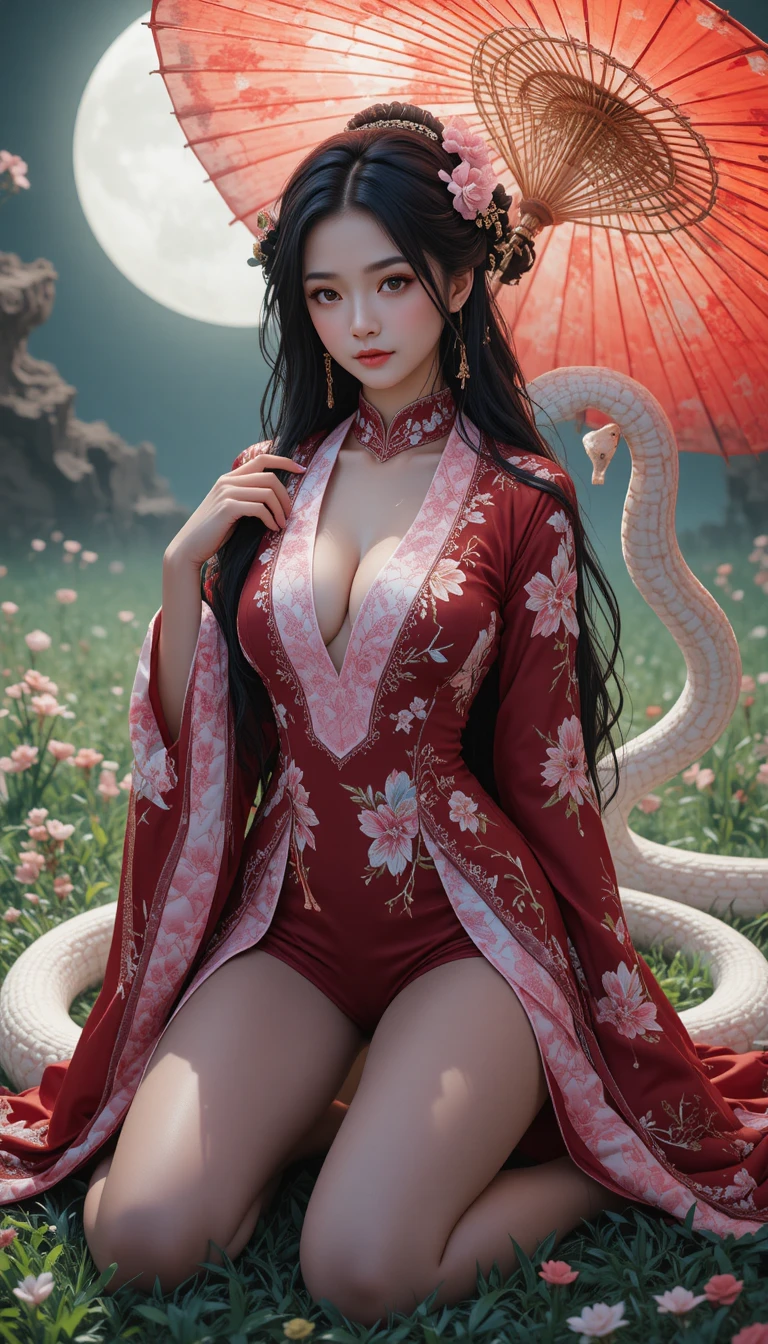 Regal anime pirate empress kneeling with white snake