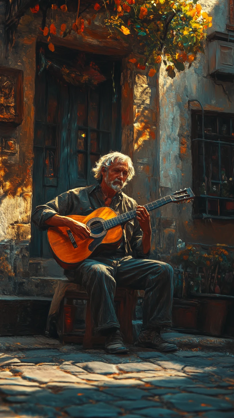 Wandering street musician playing guitar in an old village