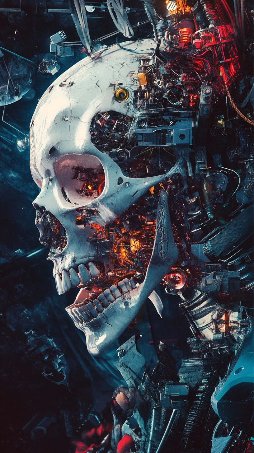 Anatomie de cyborg fusionnée avec des machines dans un laboratoire sombre