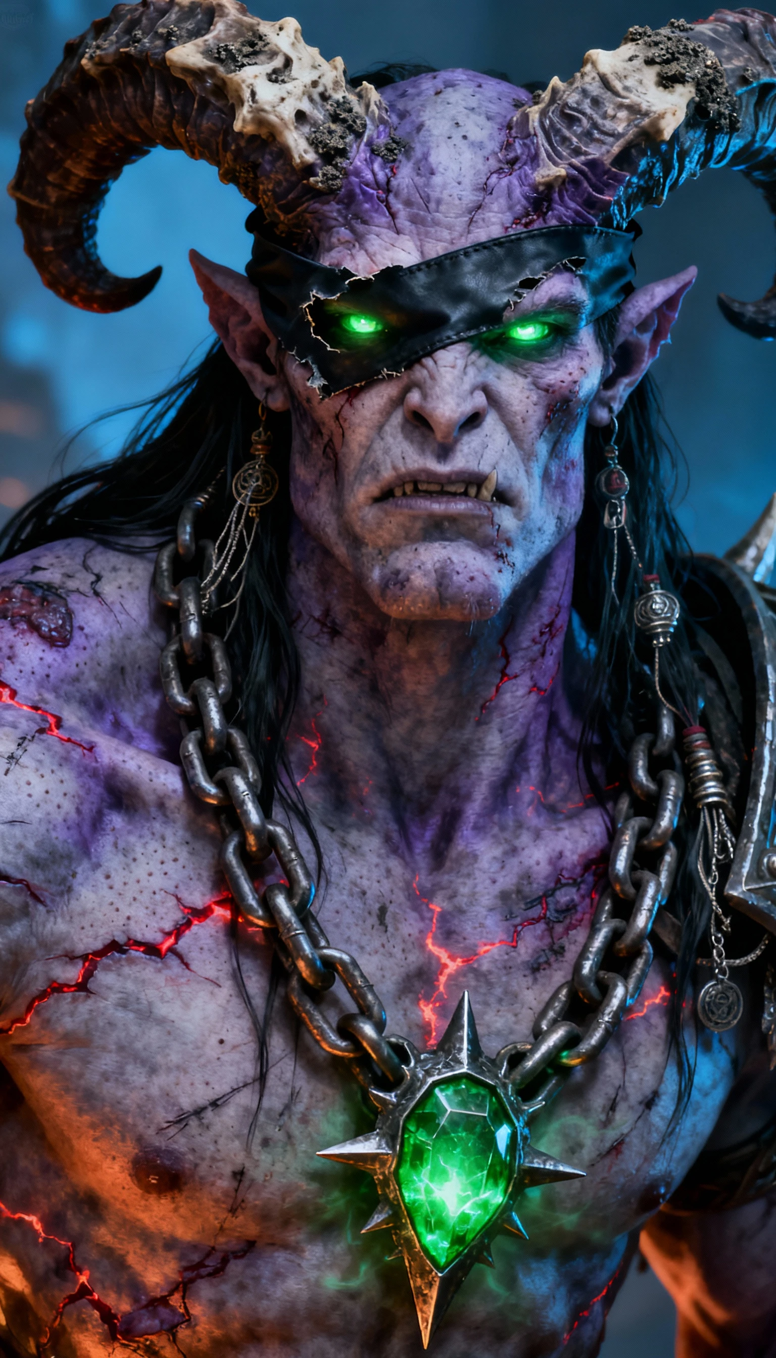 Menacing demon warrior close up with glowing green eyes