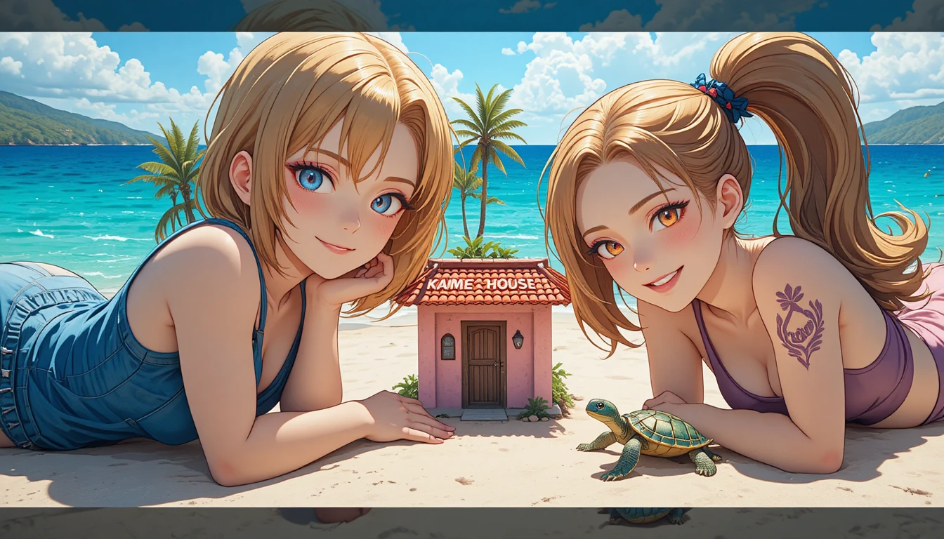 Deux femmes d’anime géantes sur une minuscule île tropicale