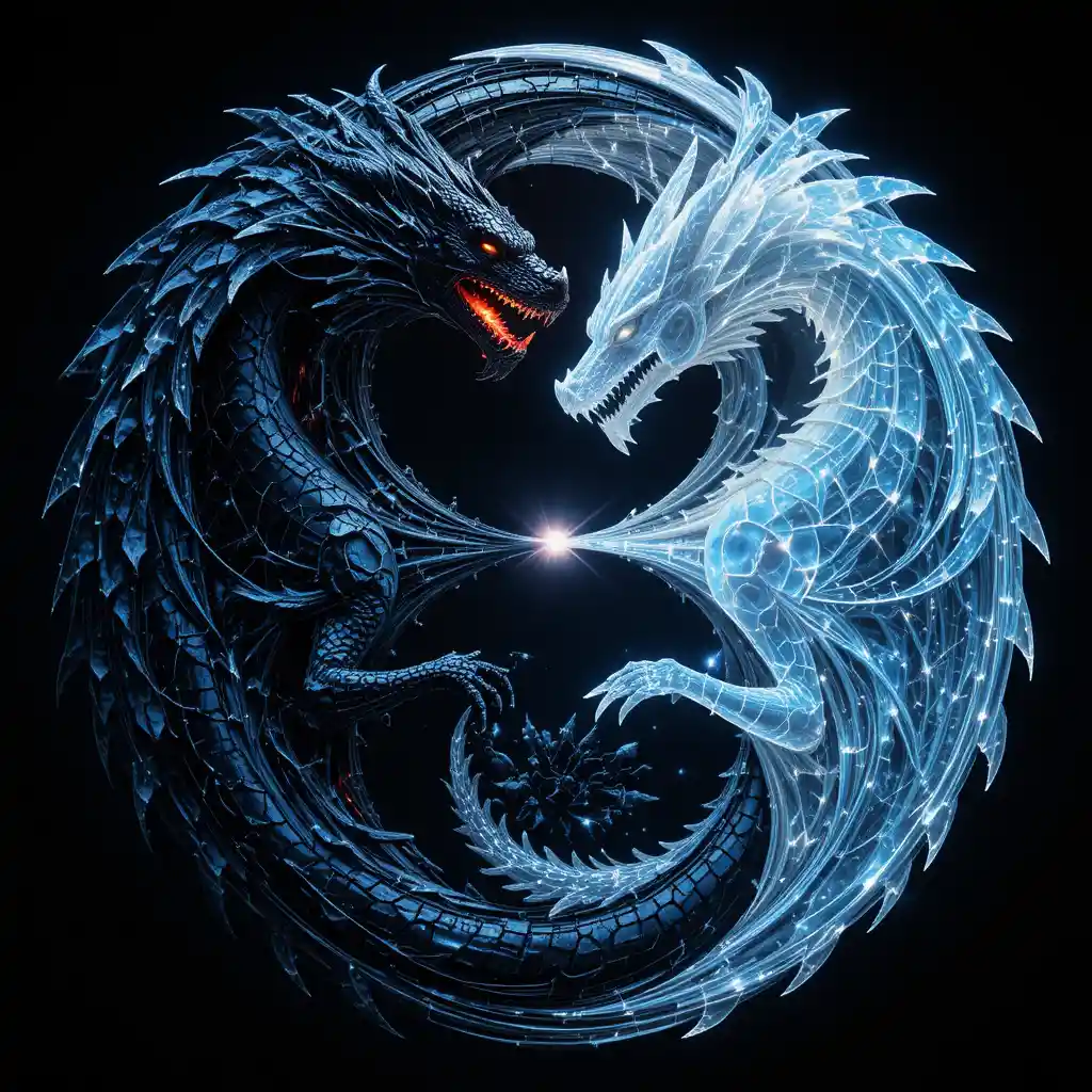 Twin dragons forming a luminous yin yang symbol