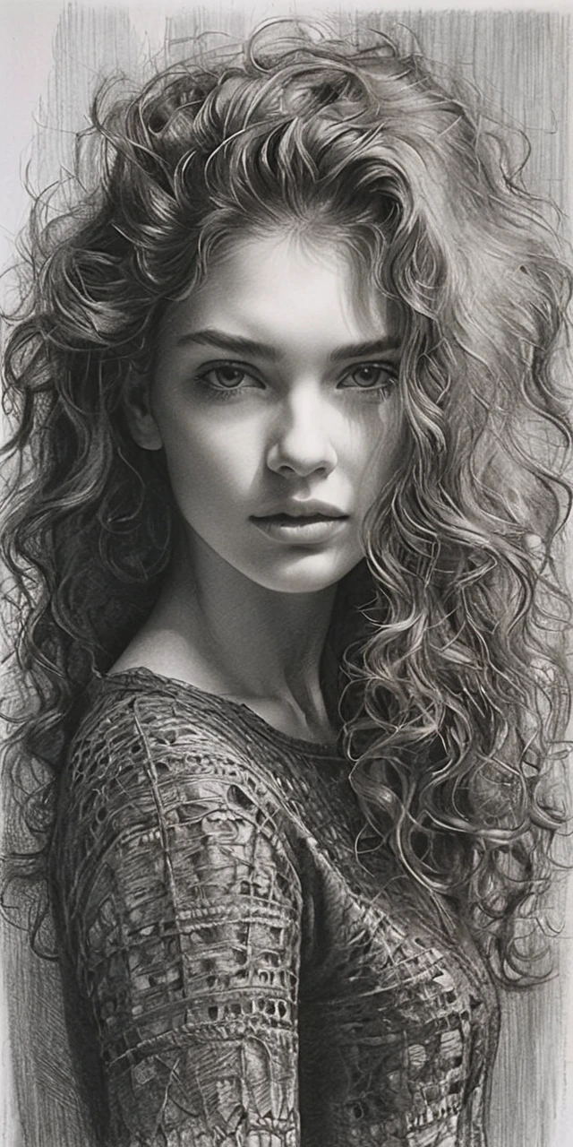 Hyperreal graphite portrait of a young woman with wild hair