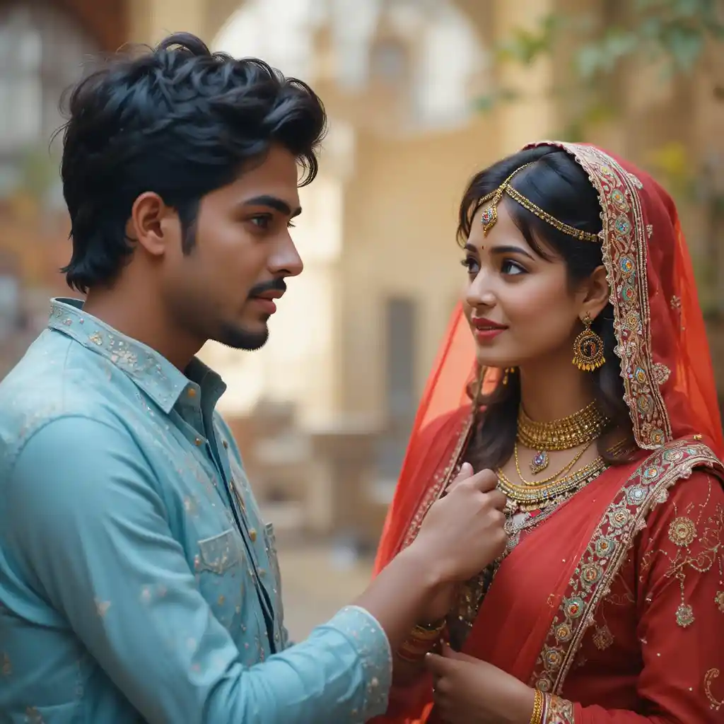 Young couple standing together in torn clothing