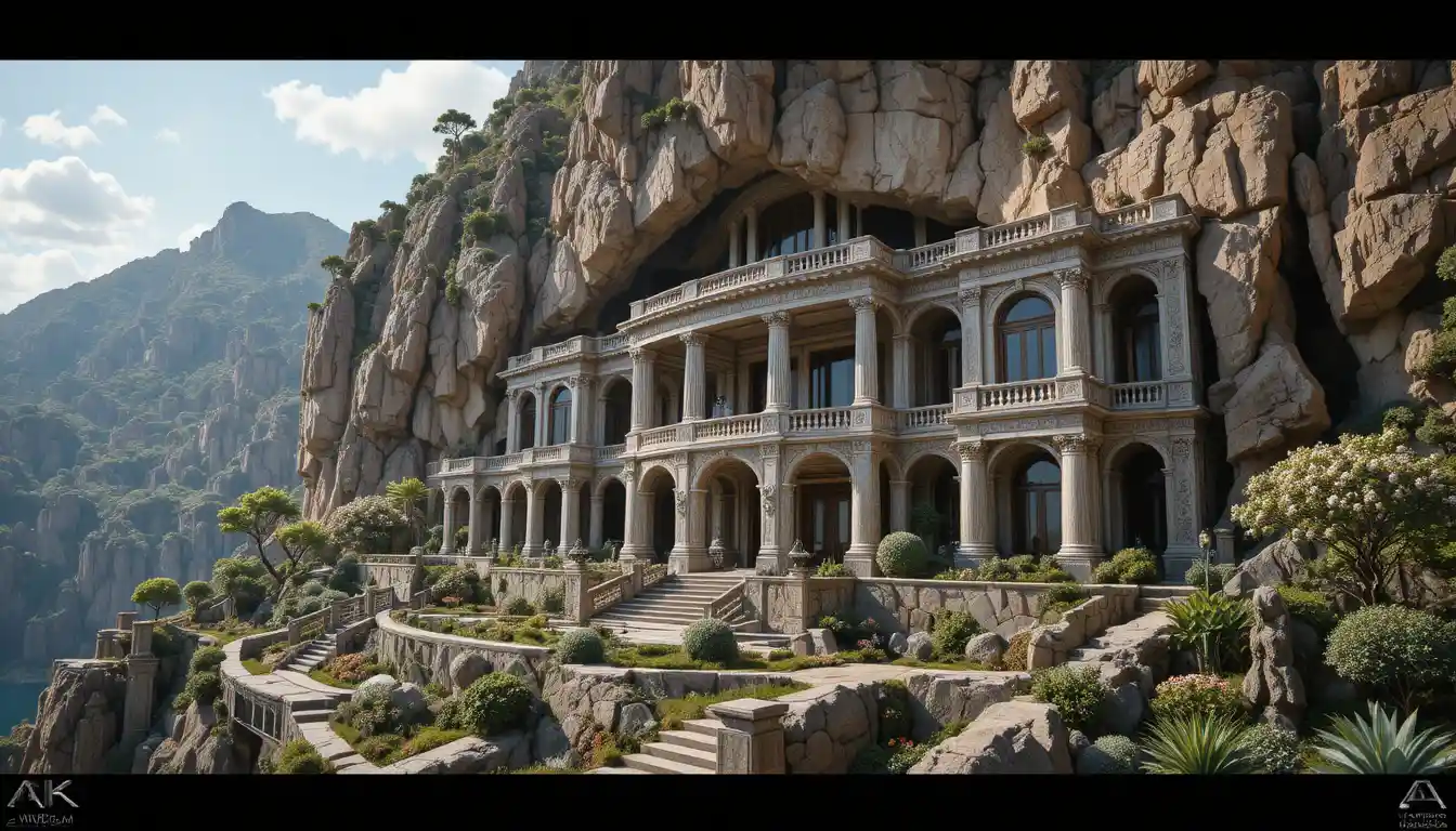 Luxurious cliffside mansion with marble pillars and landscaping