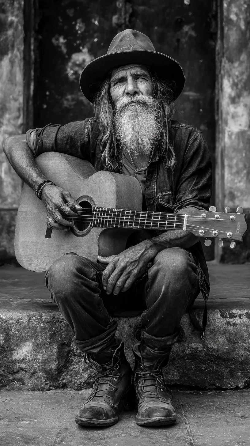 Uomo vagabondo che cammina per il mondo con la sua chitarra