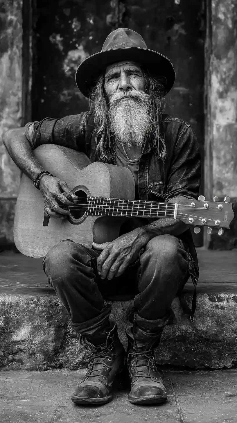 Uomo vagabondo che cammina per il mondo con la sua chitarra