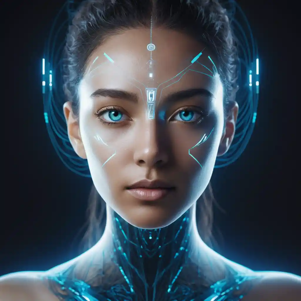 Futuristic gender neutral face formed from glowing abstract light