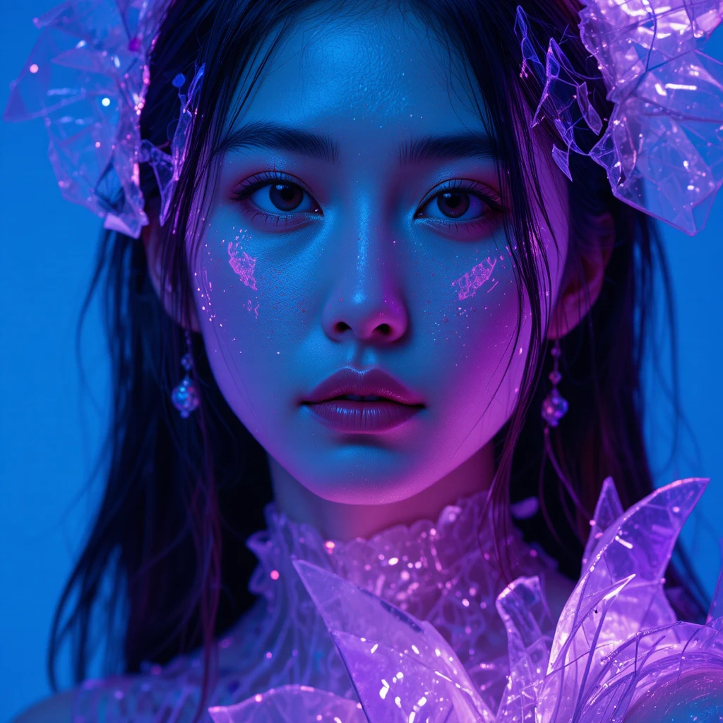 Korean woman in glowing ultraviolet mirror shard gown