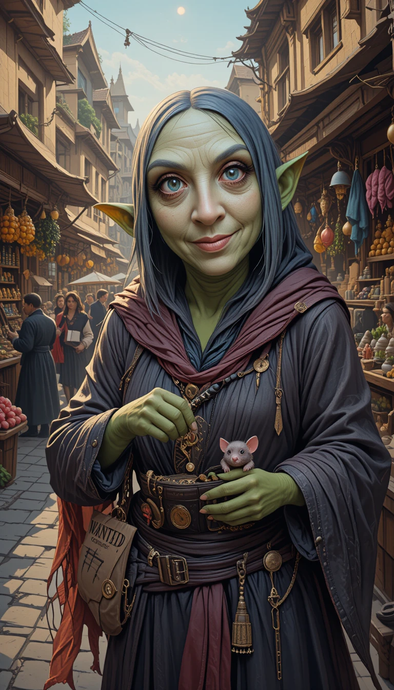 Goblin ladro in incognito che ruba una borsa in un mercato affollato
