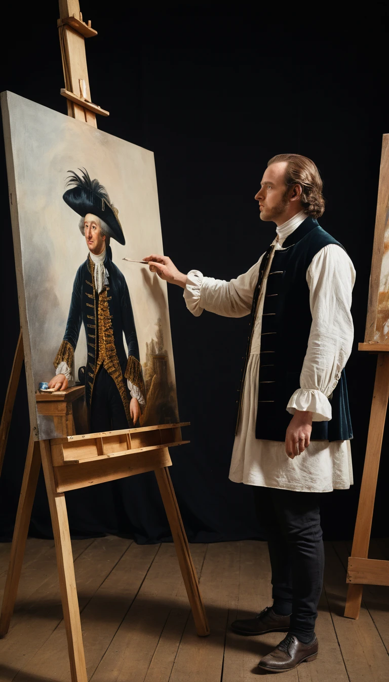 Young artist shaking hands with nobleman emerging from canvas