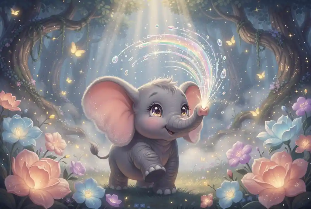 Adorable bébé éléphant aspergeant de l’eau arc‑en‑ciel dans une forêt enchantée