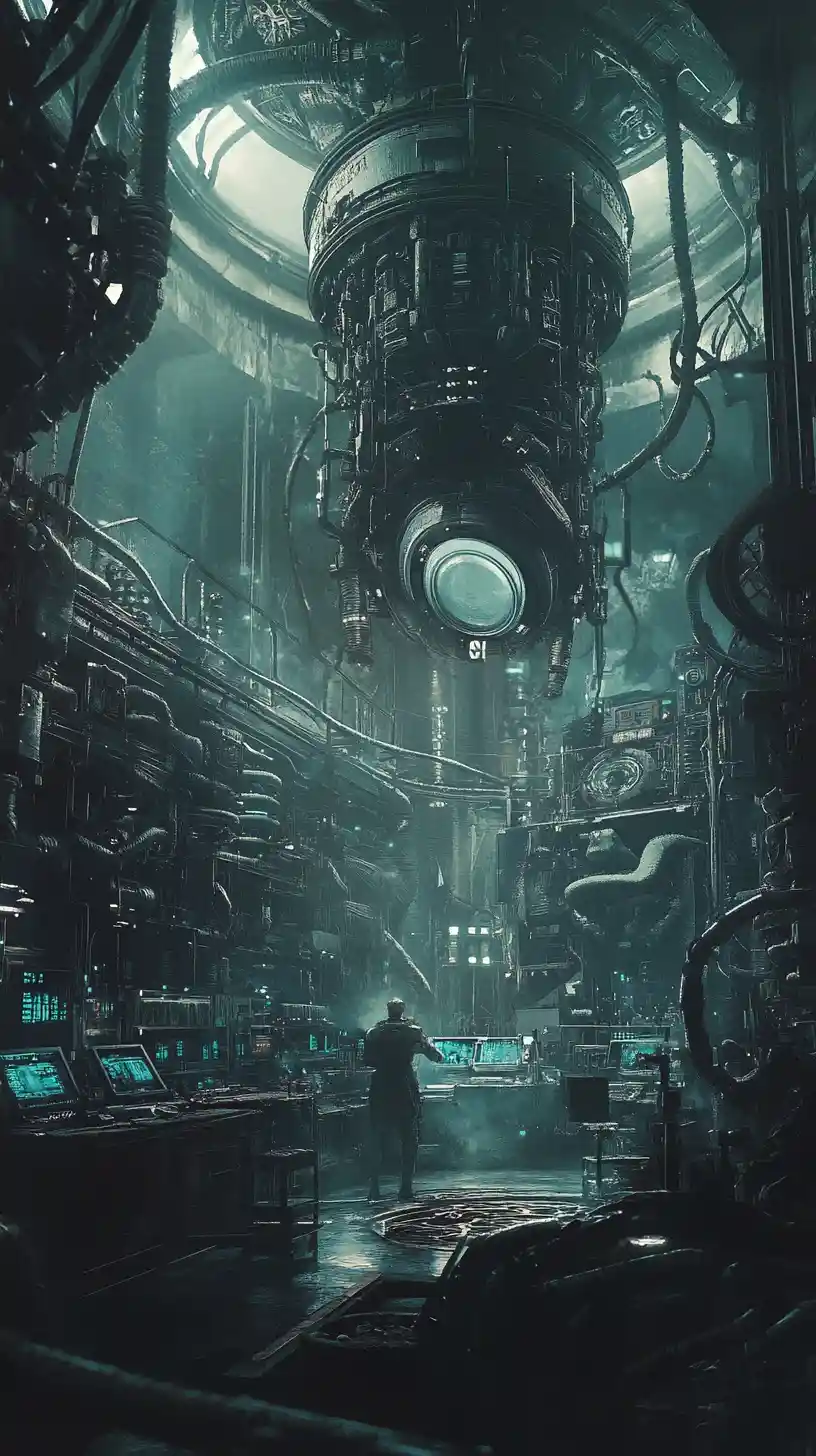 Humain cybernétique fusionné avec des machines dans une scène de laboratoire sombre