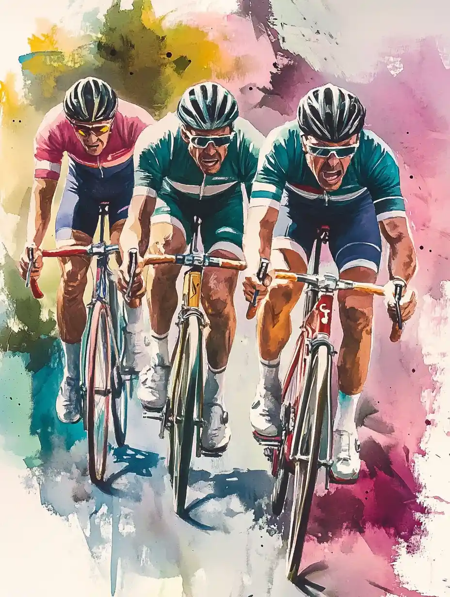 Watercolor cyclists racing on vintage road bikes from above