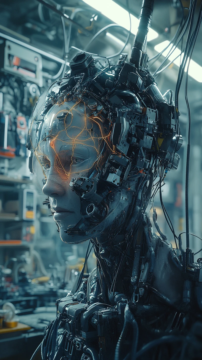 Technicien cyborg relié à une immense machine industrielle