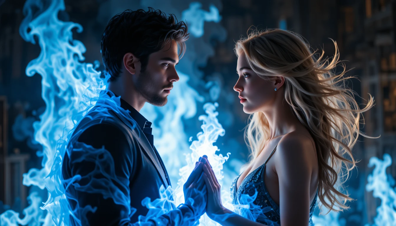 Man and woman framed by blue flames in dramatic light