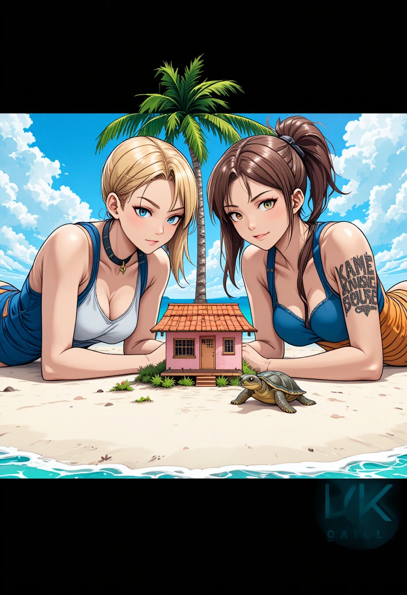 Deux femmes géantes d’anime allongées sur une minuscule île tropicale