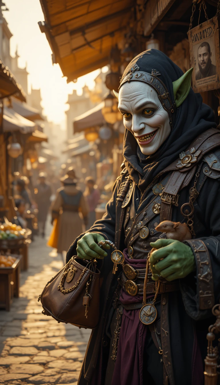 Goblin thief in human mask picking a merchant pocket
