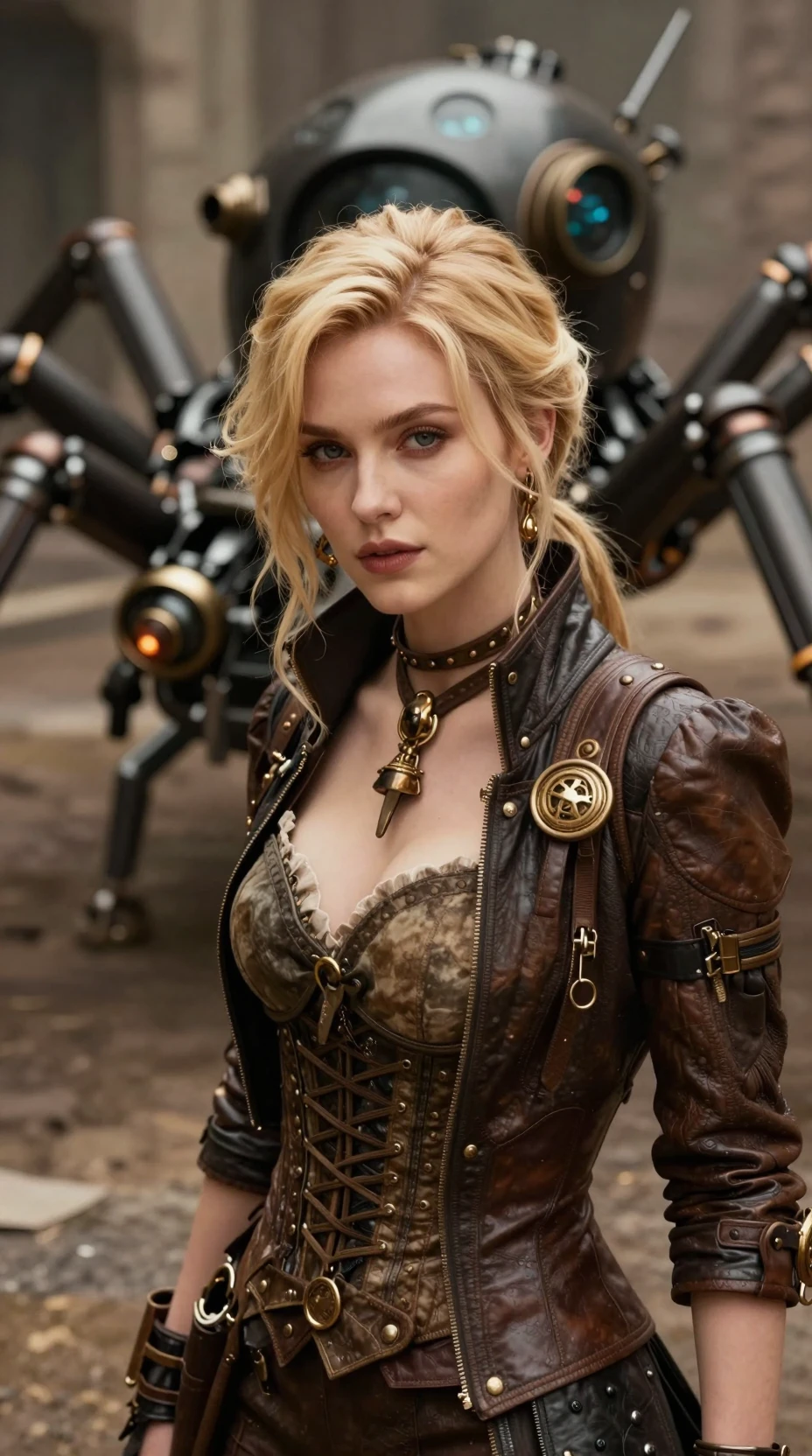 Blonde steampunk woman in stylish clothing close up portrait