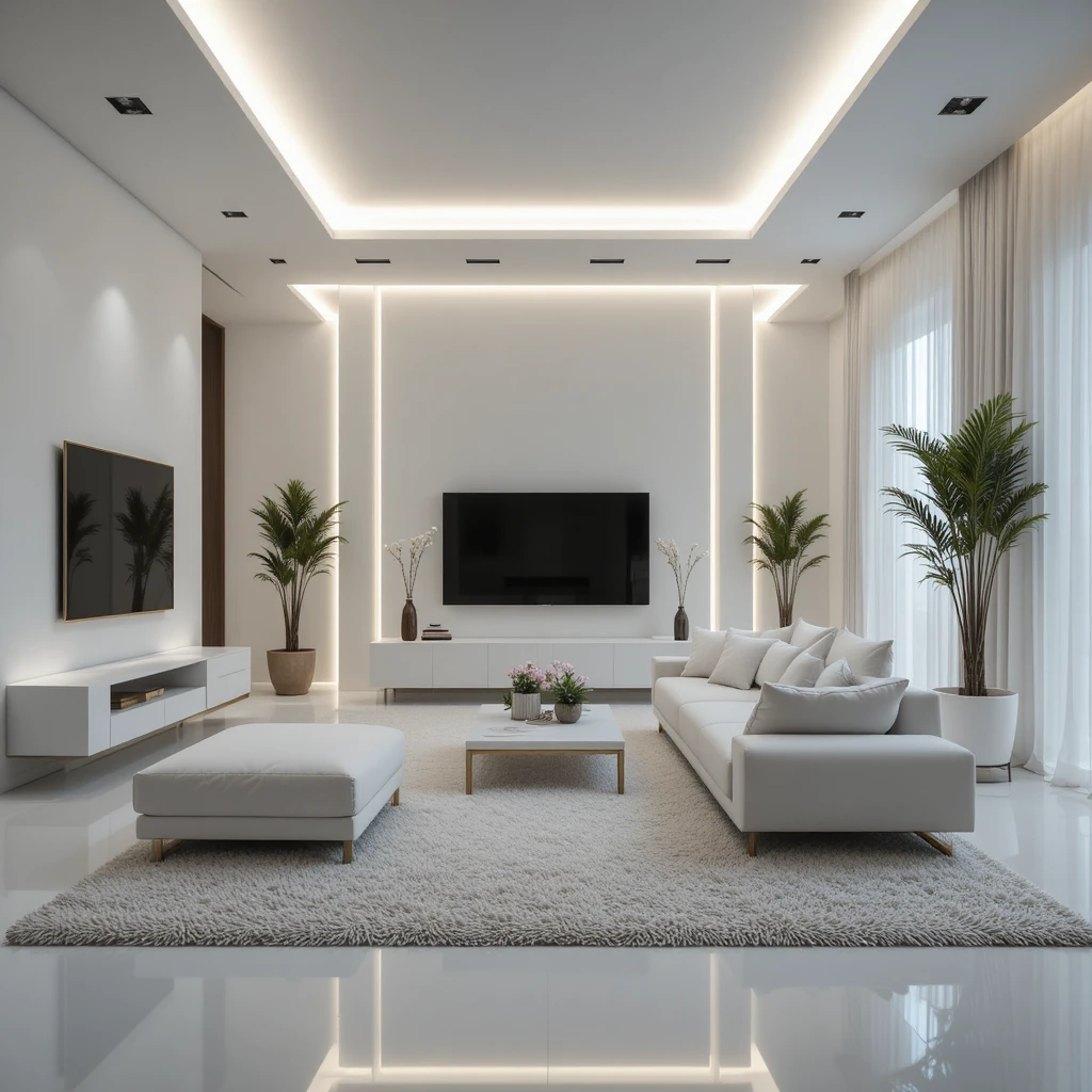 Mulher loira em sofá branco em sala de estar minimalista