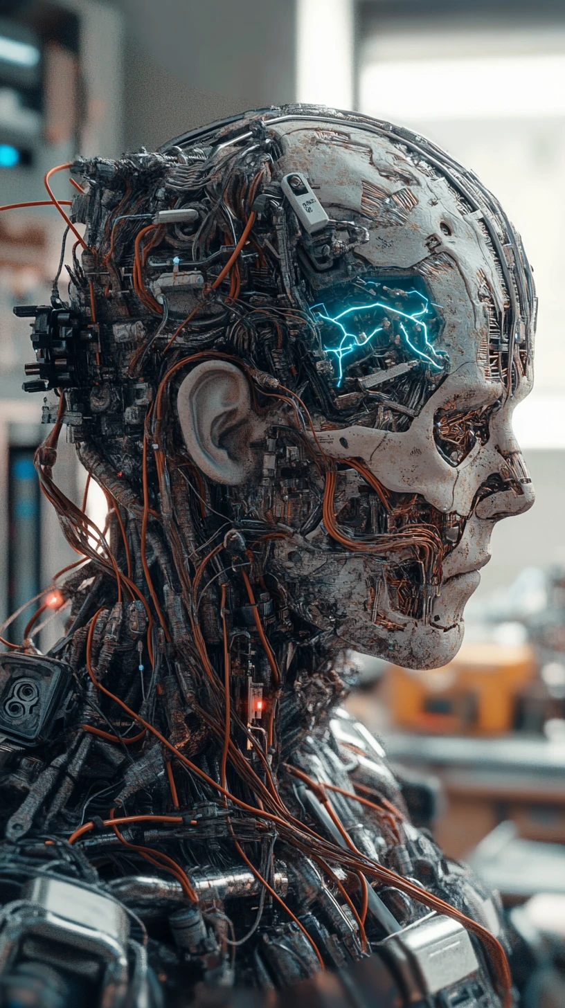 Technicien cyborg fusionné avec un système de machines industrielles