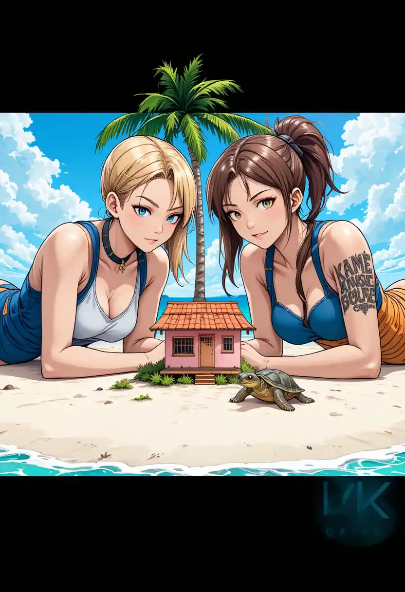 Two giant anime women lying on a tiny tropical island
