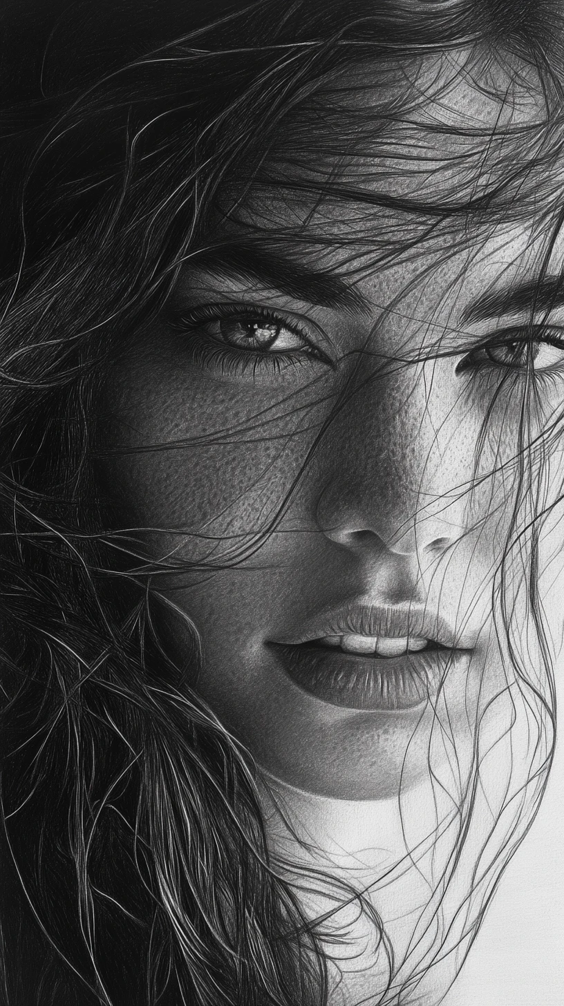 Ritratto iperrealista a grafite di una giovane donna con capelli selvaggi