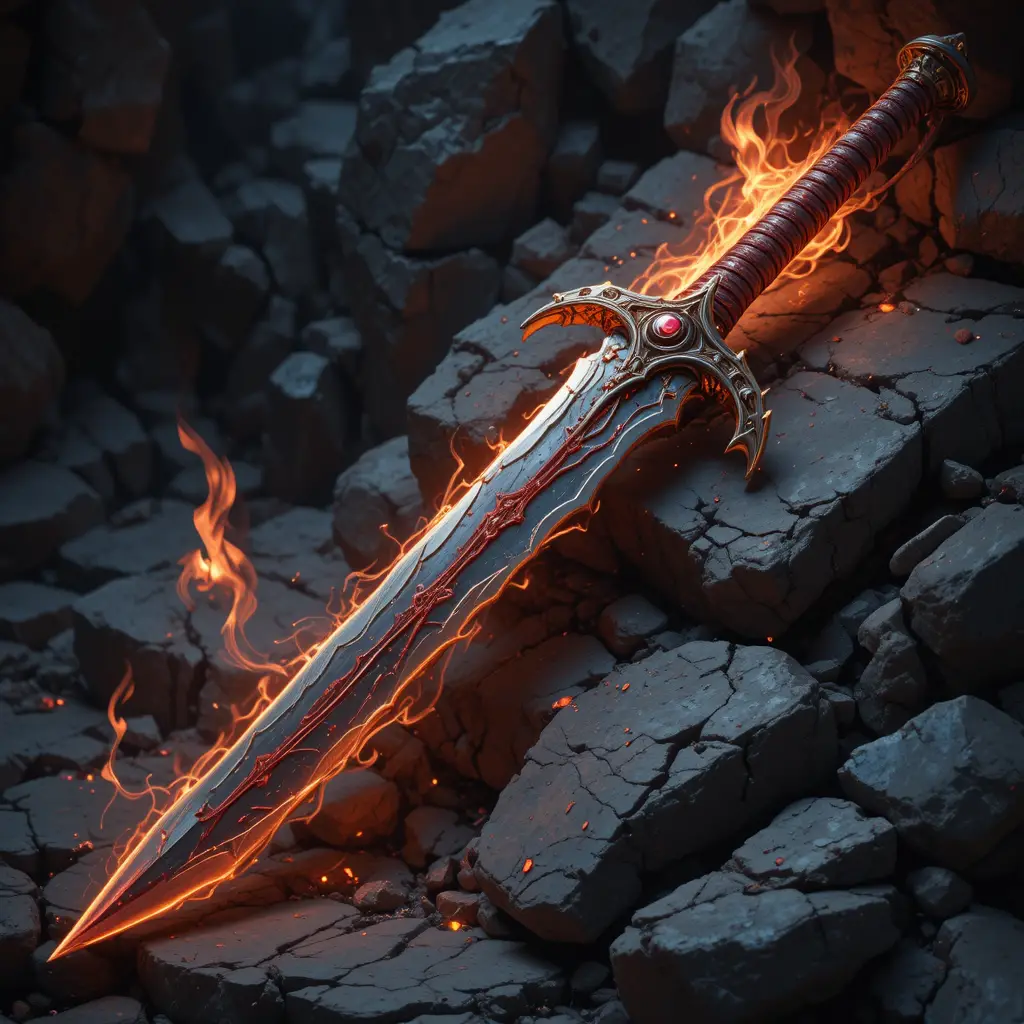Legendary dragon forged longsword glowing with crimson fire