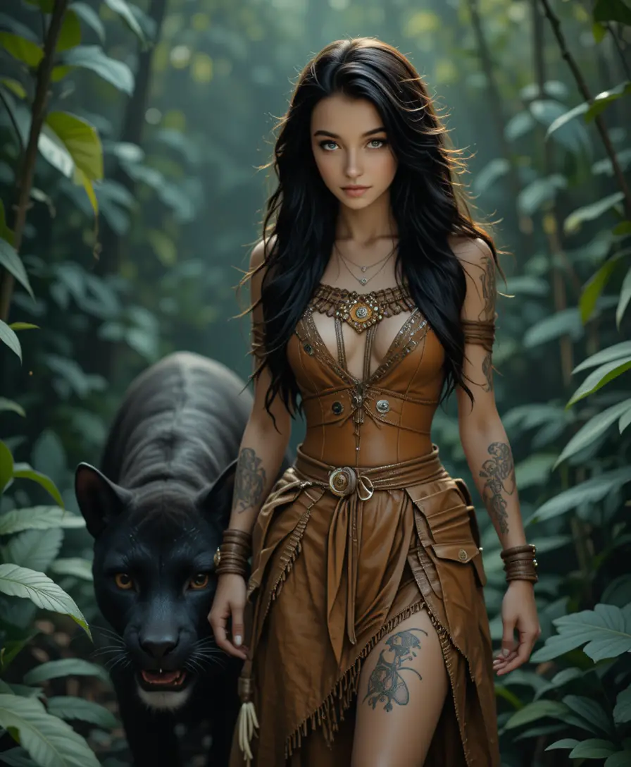 Young indigenous girl walking with a black puma in jungle