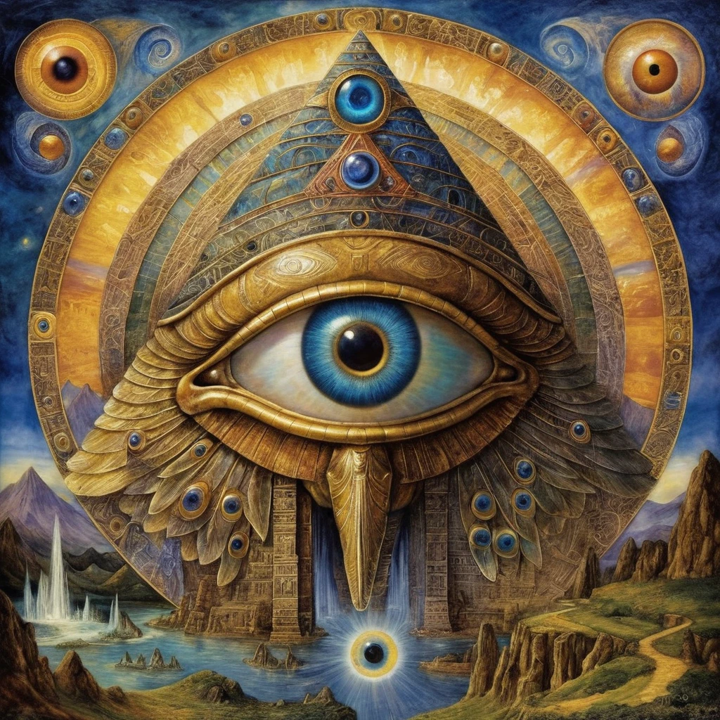 Mystisches allsehendes Auge in einem strahlenden Fantasiehimmel
