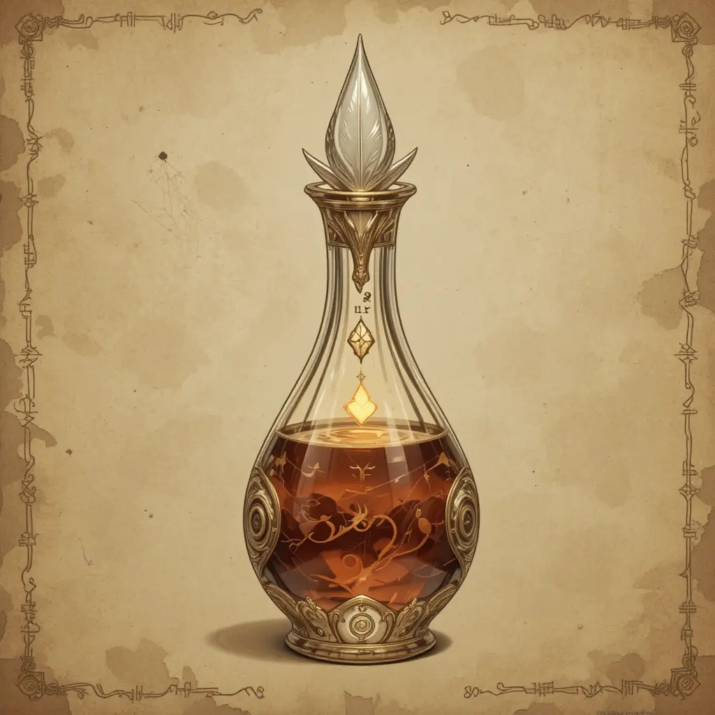 Fantasy potion bottle with glowing arcane feathers