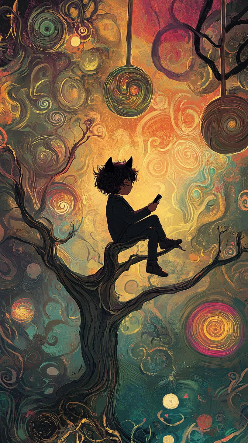 Little boy with cat ears on a surreal floating platform