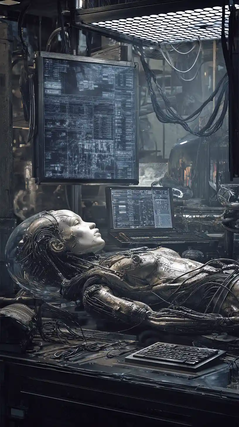 Anatomie de cyborg fusionnée avec des machines dans un laboratoire sombre