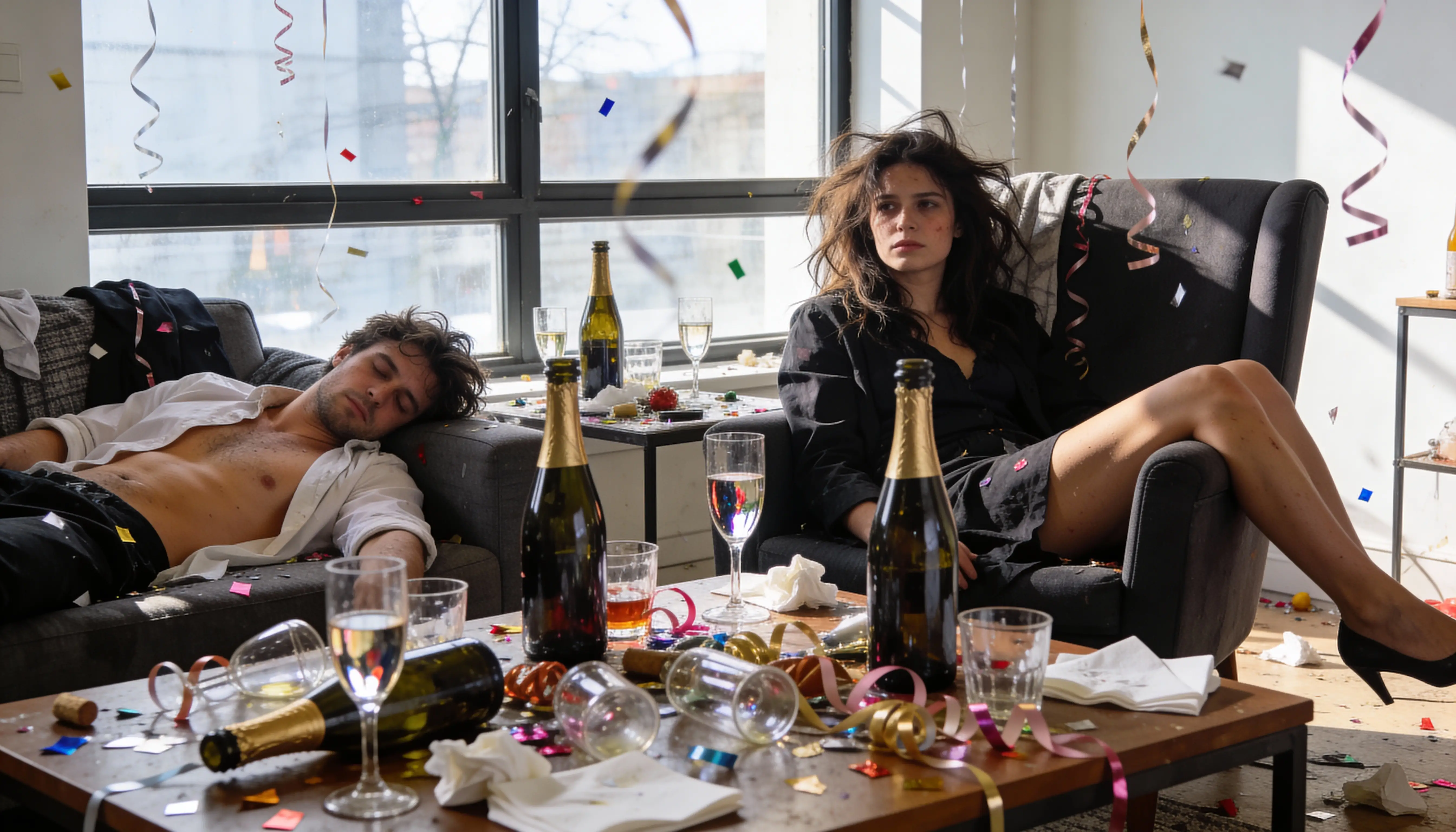 Hungover man on couch in messy New Year living room