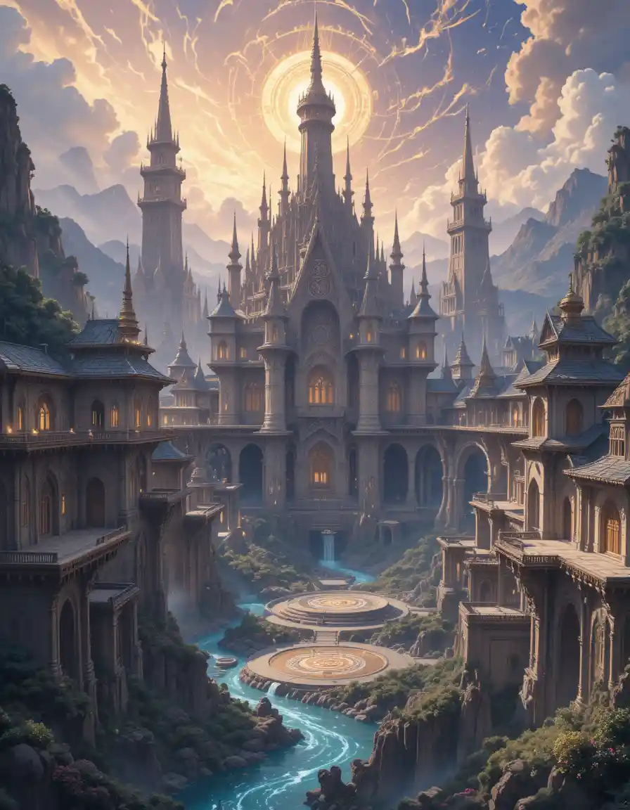 Grand anime magic school with soaring crystal towers