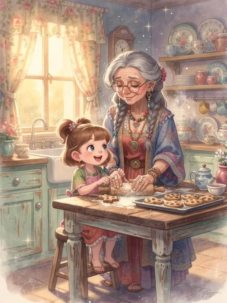 Bohemian grandmother baking cookies with granddaughter in cozy kitchen