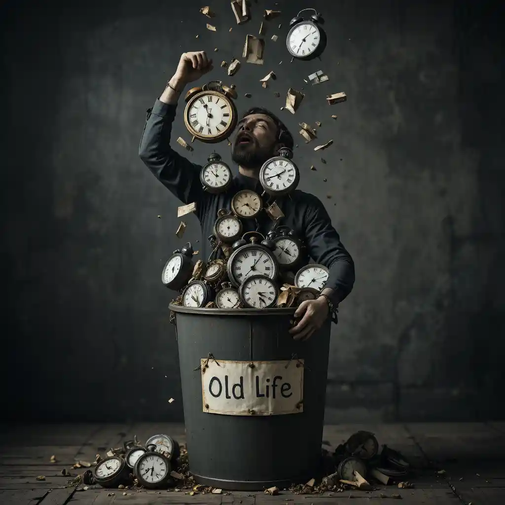 Menschenfigur wirft altes Leben in die Recycling-Tonne