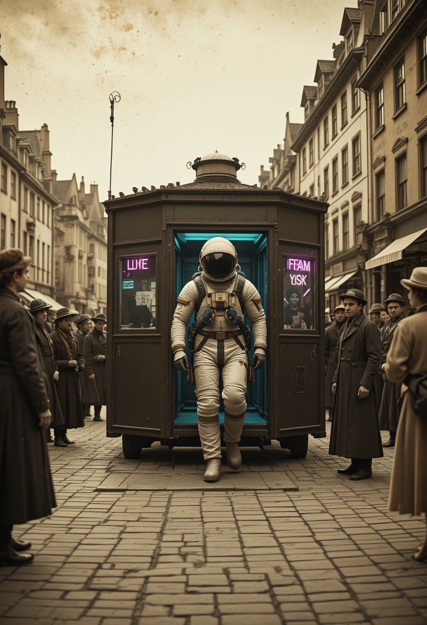 Astronaut steigt aus Kabine auf einem nostalgischen europäischen Platz