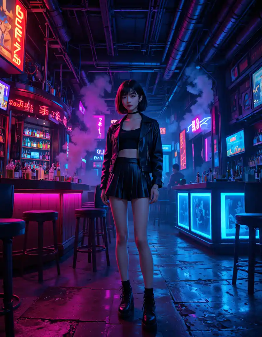 Chica de anime rebelde en una taberna cyberpunk iluminada con neón