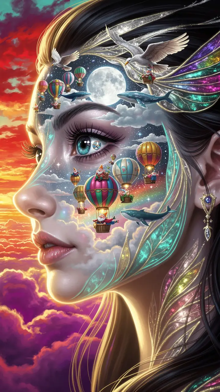 Surreal Woman Profile With Starry Hot Air Balloon Vision