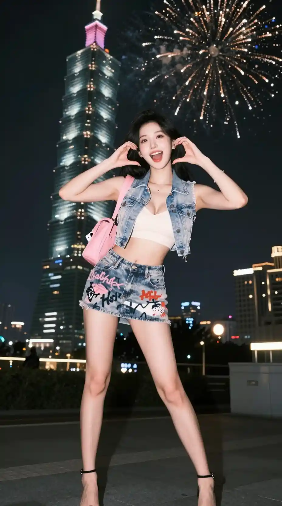 Jeune femme prenant un selfie devant les feux d’artifice du Taipei 101