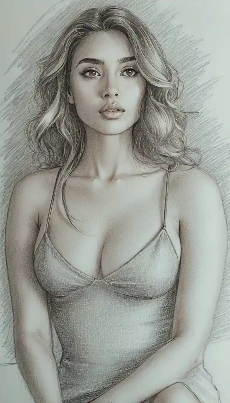 Graphite portrait of young woman with wavy shoulder length hair