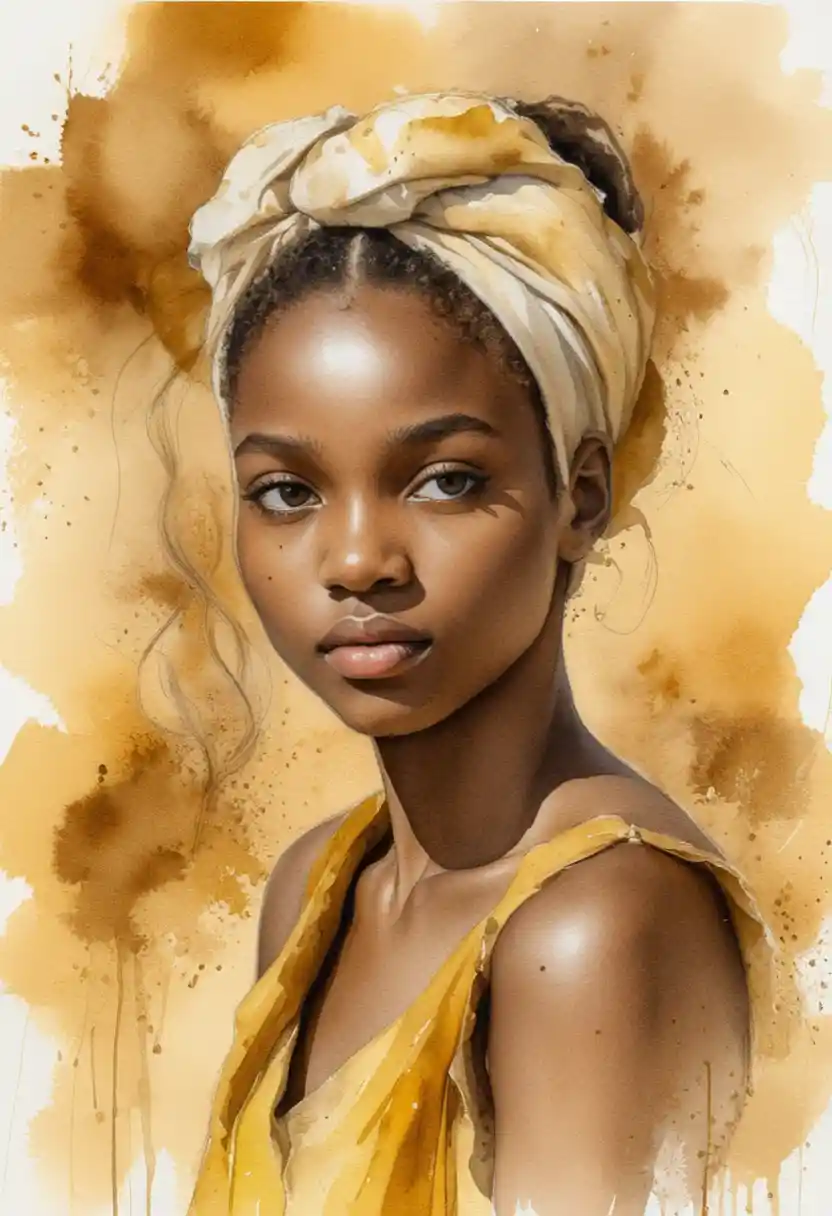 Watercolor portrait of african girl with golden headscarf