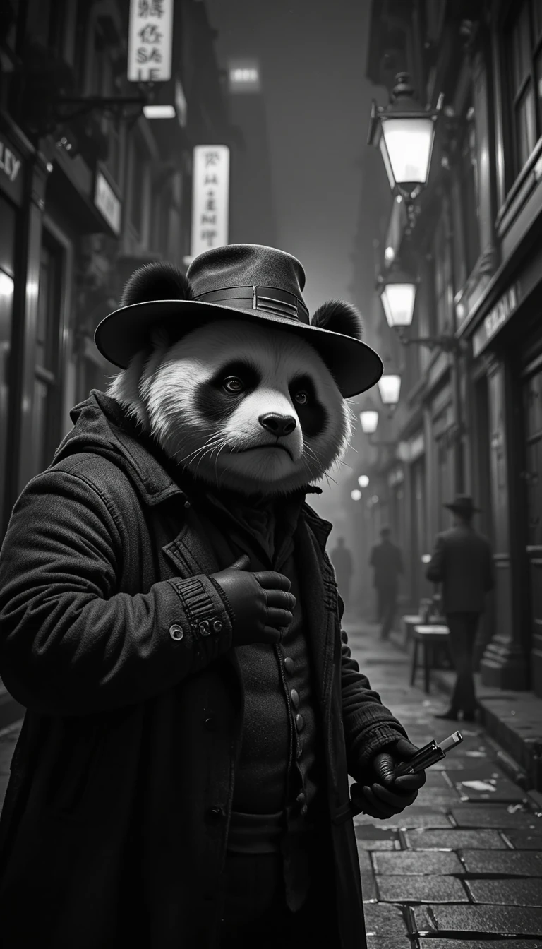 Panda Détective Grincheux dans une Rue de Ville Noir