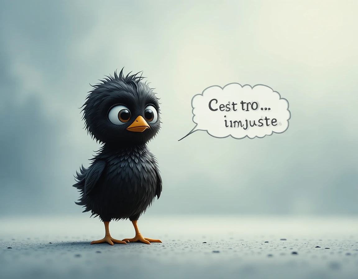Pulcino cartoon triste in piedi da solo su uno sfondo morbido e sfocato