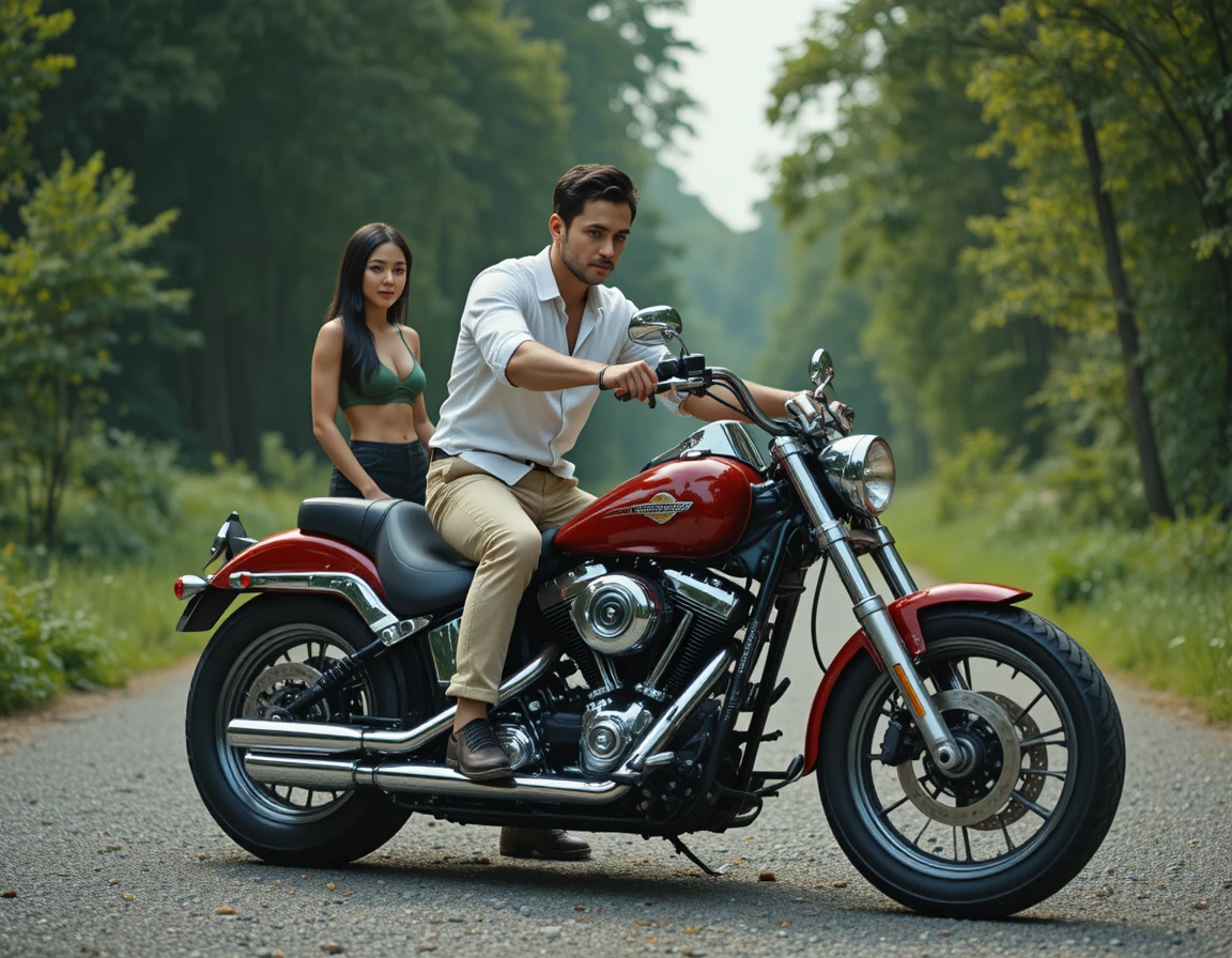 Man mounting red motorcycle on gravel road in greenery